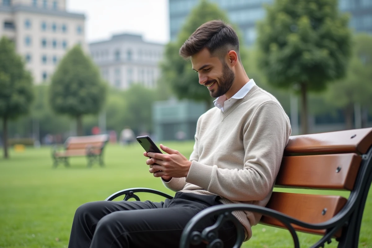 Jeune homme détendu utilisant son téléphone sur un banc dans un parc
