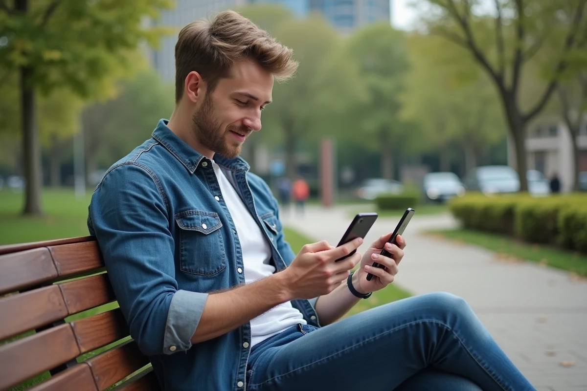 Jeune homme dans un parc utilisant son smartphone