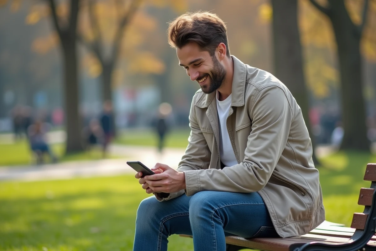 Jeune homme dans un parc urbain naviguant sur son smartphone pour lire ses mails