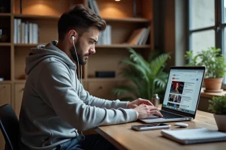 Jeune homme en hoodie téléchargeant musique sur ordinateur