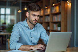 Jeune homme professionnel travaillant sur son ordinateur dans un espace coworking