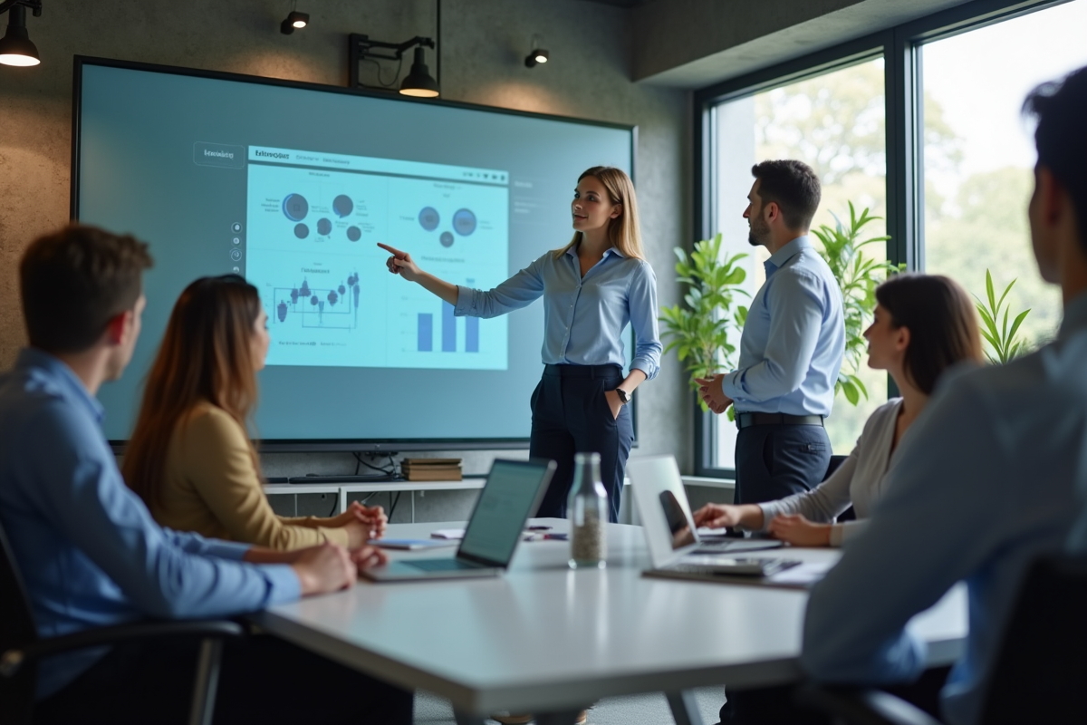 Jeune femme en réunion avec tableau digital