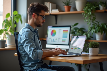 Jeune homme professionnel analysant un tableau de bord SEO