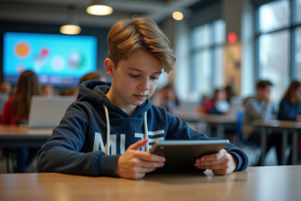 Jeune adolescent concentré sur une tablette dans un centre media scolaire