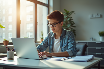 Jeune adulte travaillant sur un ordinateur dans un bureau lumineux