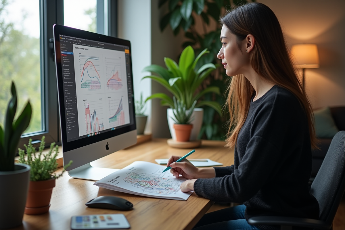 Jeune designer UX esquissant un parcours utilisateur à domicile