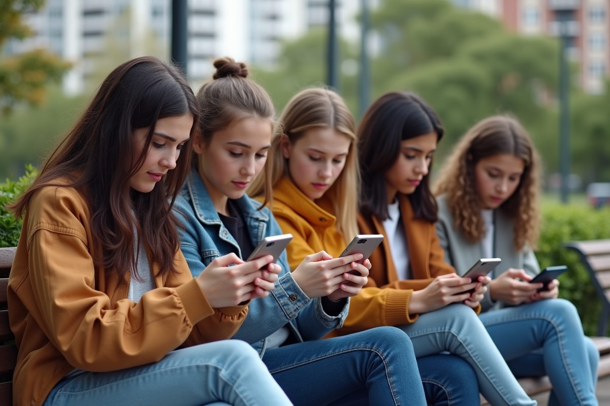 Jeunes divers utilisant leurs smartphones dans un parc public