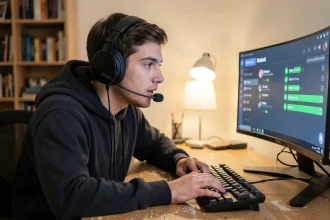 Joueur avec casque gaming connecté sur Discord vocal pendant une partie en ligne