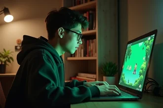 Jeune homme jouant à un jeu Pokémon rétro sur laptop dans un bureau cosy, écran affichant une interface pixel art verte