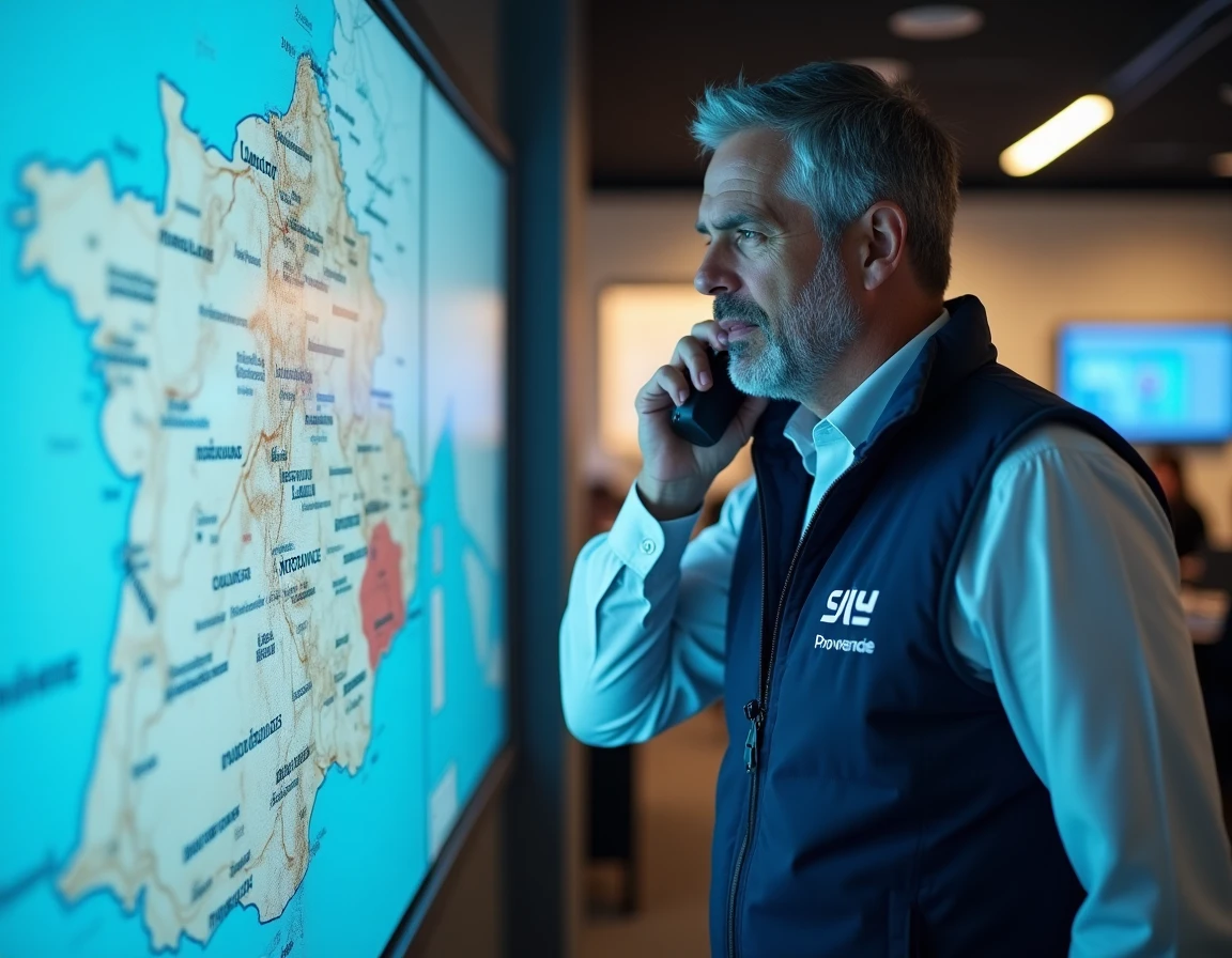 Ingénieur télécom supervisant un réseau multi-sites en Provence depuis un bureau opérationnel régional pour Koesio PACA Telecom
