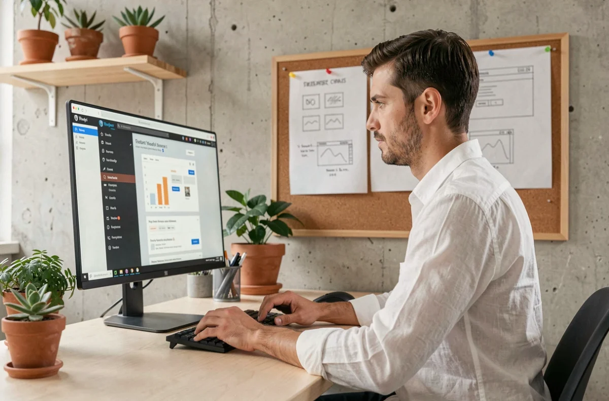 Développeur web masculin dans l'atelier de conception LATELIER travaillant sur un projet WordPress dans un studio minimaliste