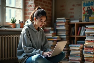 Jeune femme française lisant des mangas en ligne sur son ordinateur portable entourée de volumes de mangas dans un appartement parisien