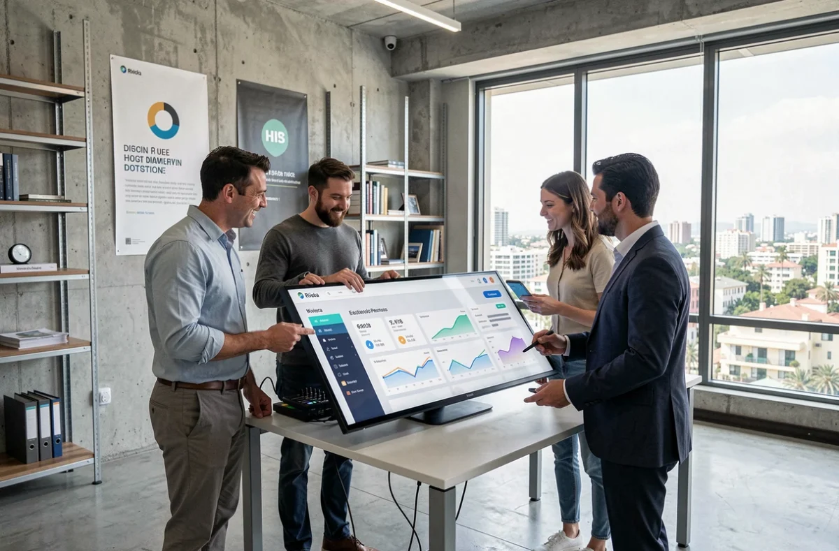 Équipe de l'agence LINX Digital analysant des performances de campagne digitale sur écran interactif dans leurs bureaux modernes