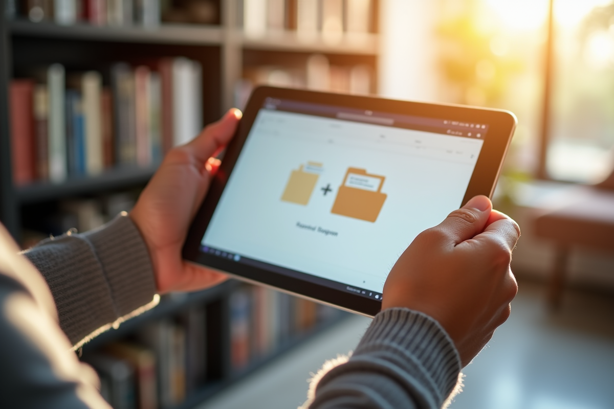 Main tenant une tablette avec un dossier numérique ensoleille