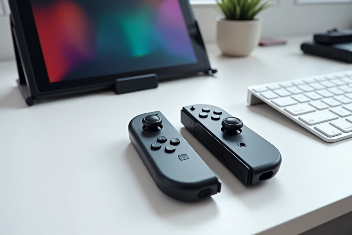 Vue du dessus des manettes Joy-Con et du dock Nintendo Switch OLED sur un bureau blanc