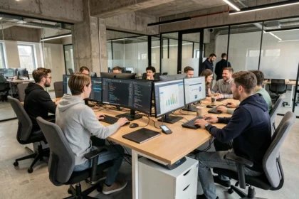 Équipe de développeurs logiciels collaborant dans un espace de travail moderne dans les Hauts-de-France