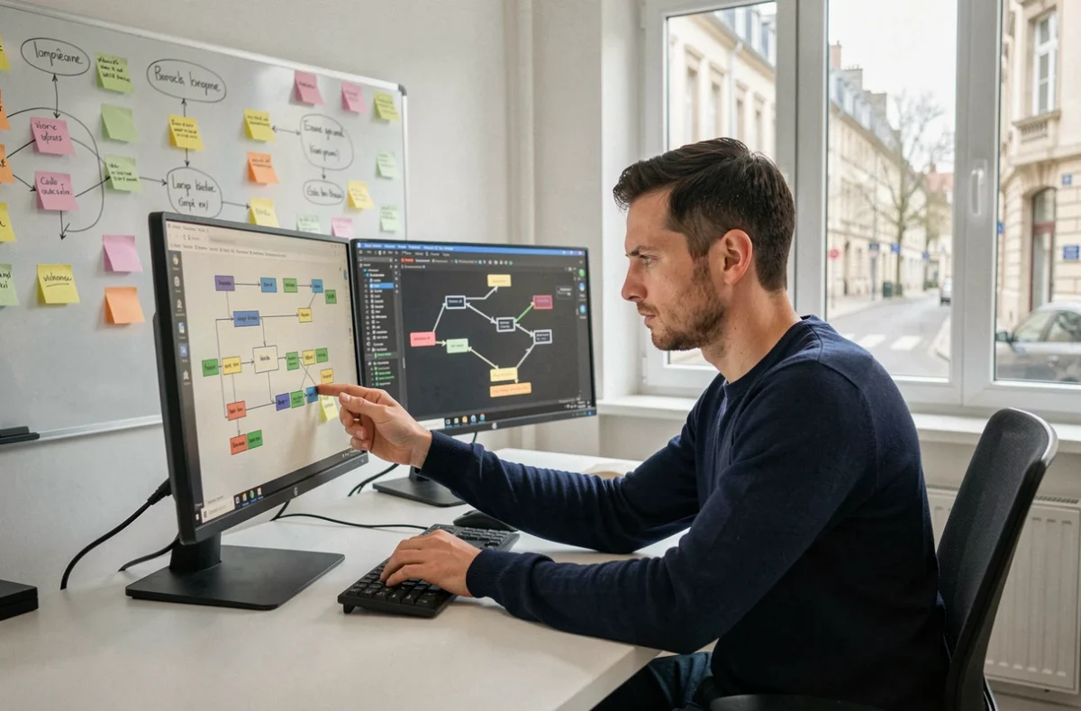 Développeur informatique travaillant sur un logiciel sur mesure dans les bureaux de MentalWorks à Compiègne