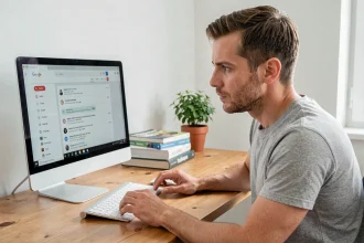 Homme concentré lisant les notifications de mise à jour Google sur un ordinateur de bureau dans un bureau à domicile organisé
