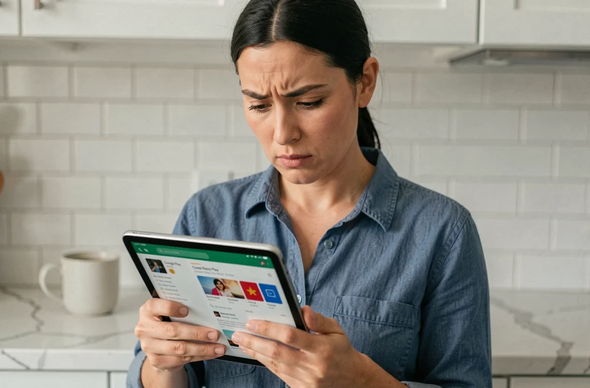 Femme consultant l'écran de mise à jour Google Play Store sur une tablette dans une cuisine moderne