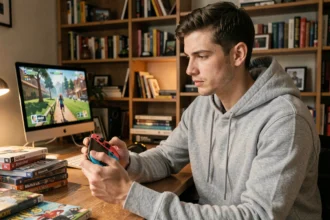 Jeune homme tenant une Nintendo Switch en mode portable devant un bureau avec des jeux vidéo, illustrant les formats ROM NSP et XCI pour Sonic Frontiers