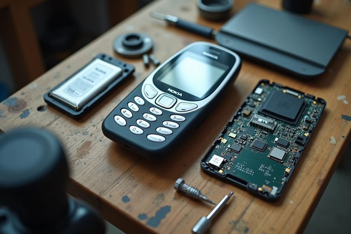 Nokia 3310 démonté sur un établi en bois révélant sa batterie et ses composants internes simples et réparables
