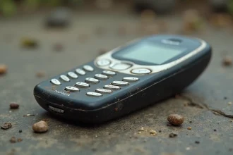 Nokia 3310 incassable posé sur du béton brut avec des traces d'usure témoignant de sa robustesse légendaire