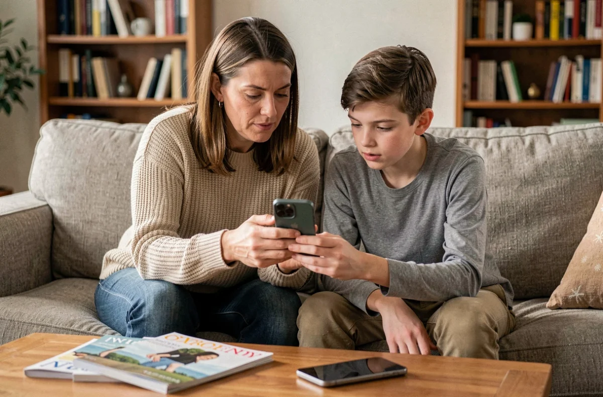 Une mère et son fils adolescent regardent ensemble un iPhone 12 dans le salon familial, discussion parent-enfant sur le smartphone