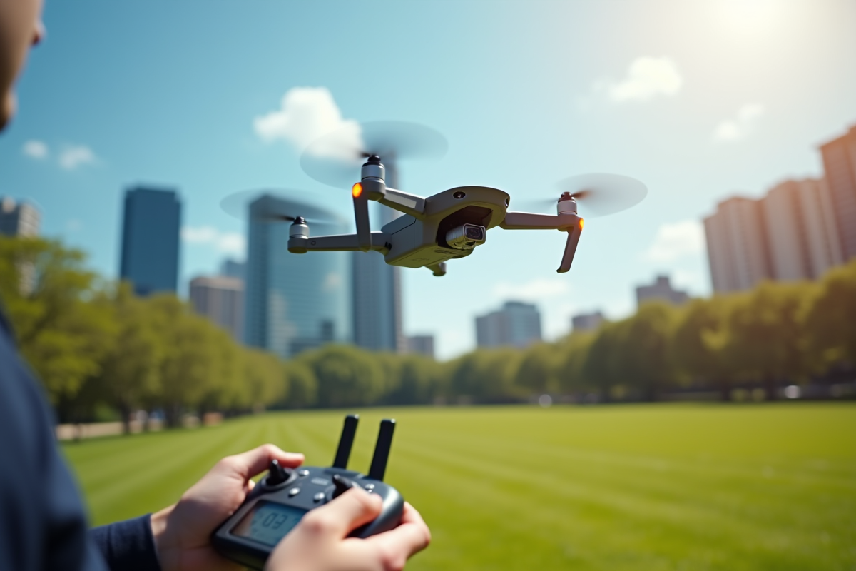 Personne pilotant un drone dans un parc ensoleille avec bâtiments