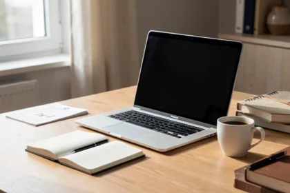 Poste de travail avec ordinateur portable et carnet de notes