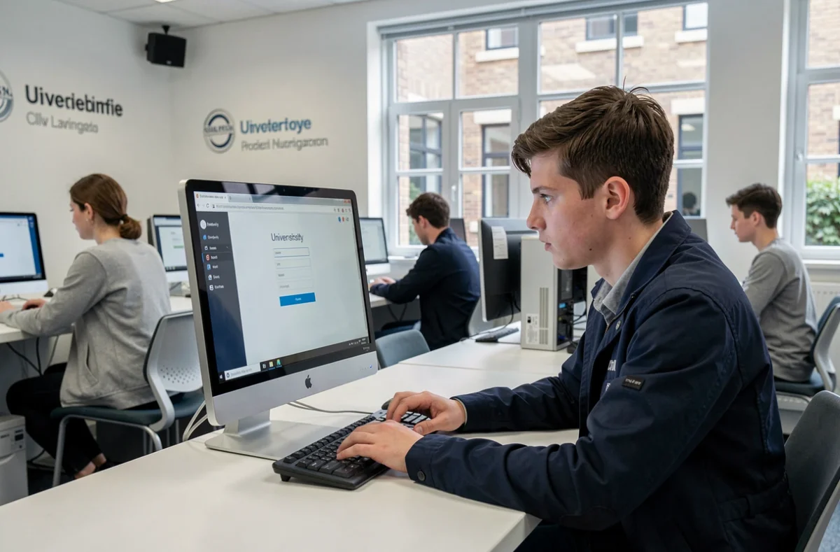 Étudiant utilisant un poste informatique de l'Université Jean Moulin Lyon 3 pour accéder à l'intranet