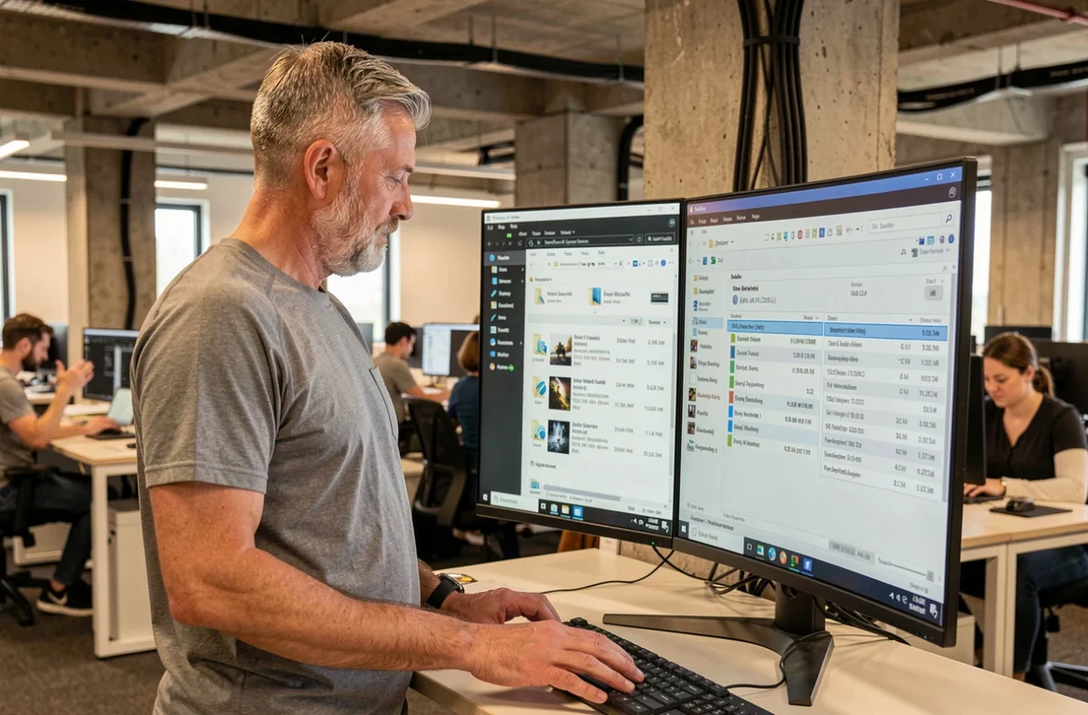 Professionnel IT analysant la taille et le format de fichiers volumineux sur un écran ultrawide en open space