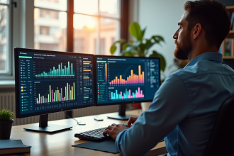 Professionnel SEO analysant des données sur deux écrans lumineux