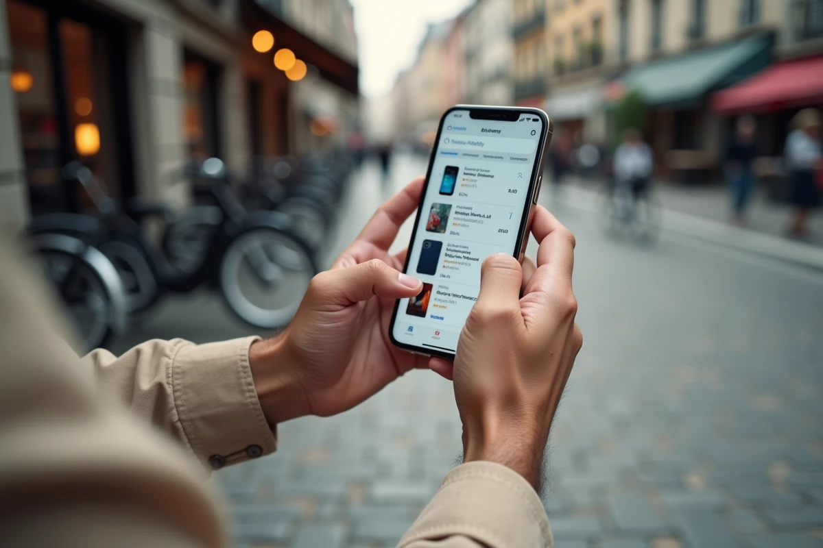 Mains tenant un iPhone 14 affichant une plateforme de vente de smartphones d'occasion en ligne