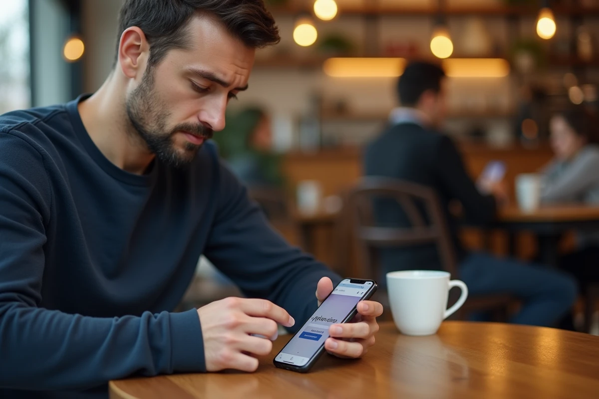 Homme consultant une application de récupération de SMS sur Android dans un café, smartphone posé sur une table en bois