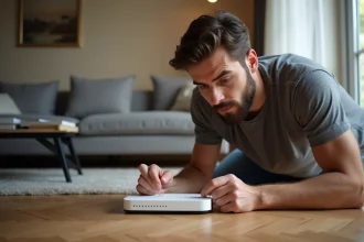 Homme appuyant sur le bouton reset d'une Freebox posée sur un parquet pour résoudre un problème de connexion