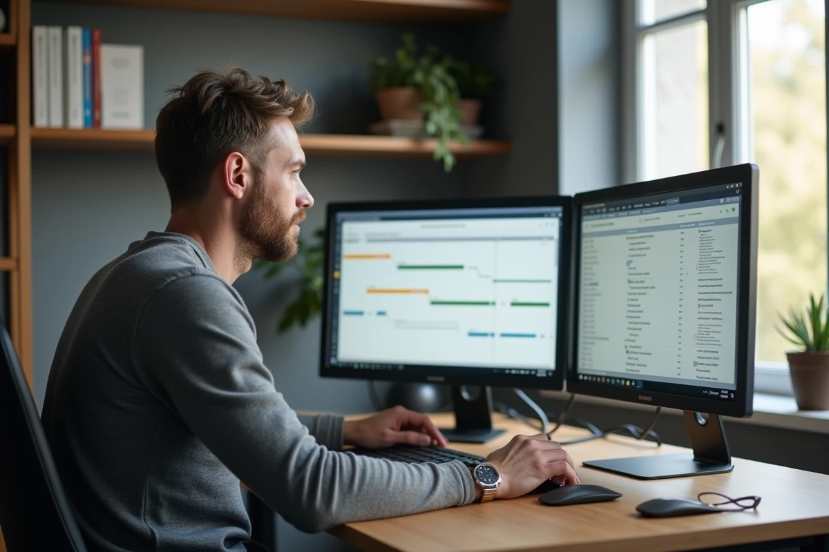 Responsable produit analysant seul un tableau Kanban et un calendrier de livraison de fonctionnalités sur deux écrans dans un bureau à domicile