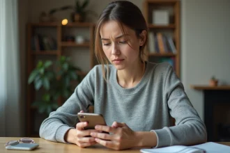 Femme tenant un smartphone Android en cherchant à restaurer des SMS effacés sur son bureau à domicile