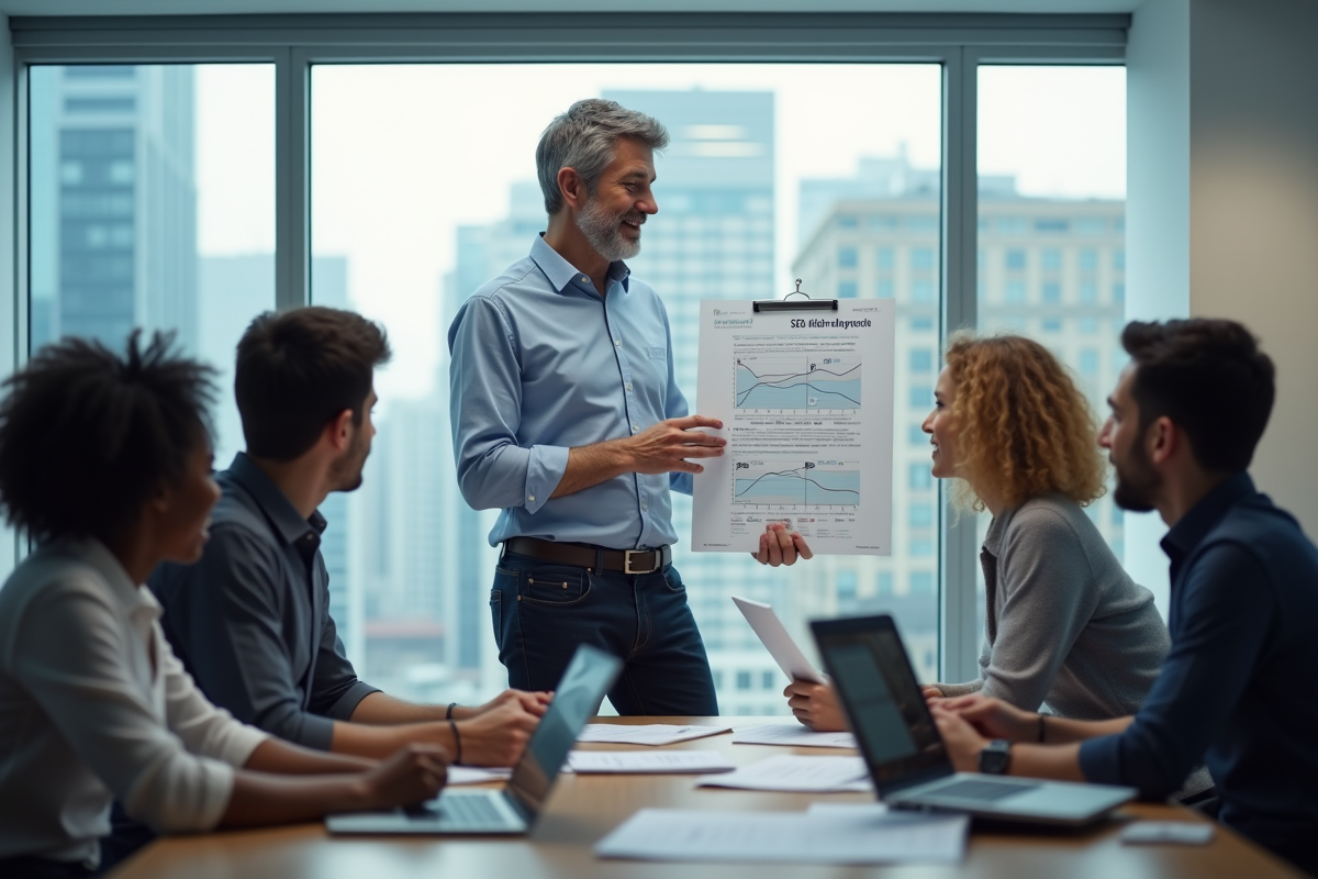 Groupe de collègues discutant stratégie SEO en réunion moderne