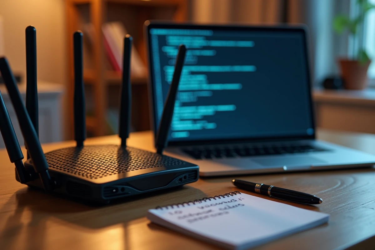 Configuration réseau domestique avec routeur Wi-Fi et terminal affichant un conflit d'adresses IP à domicile