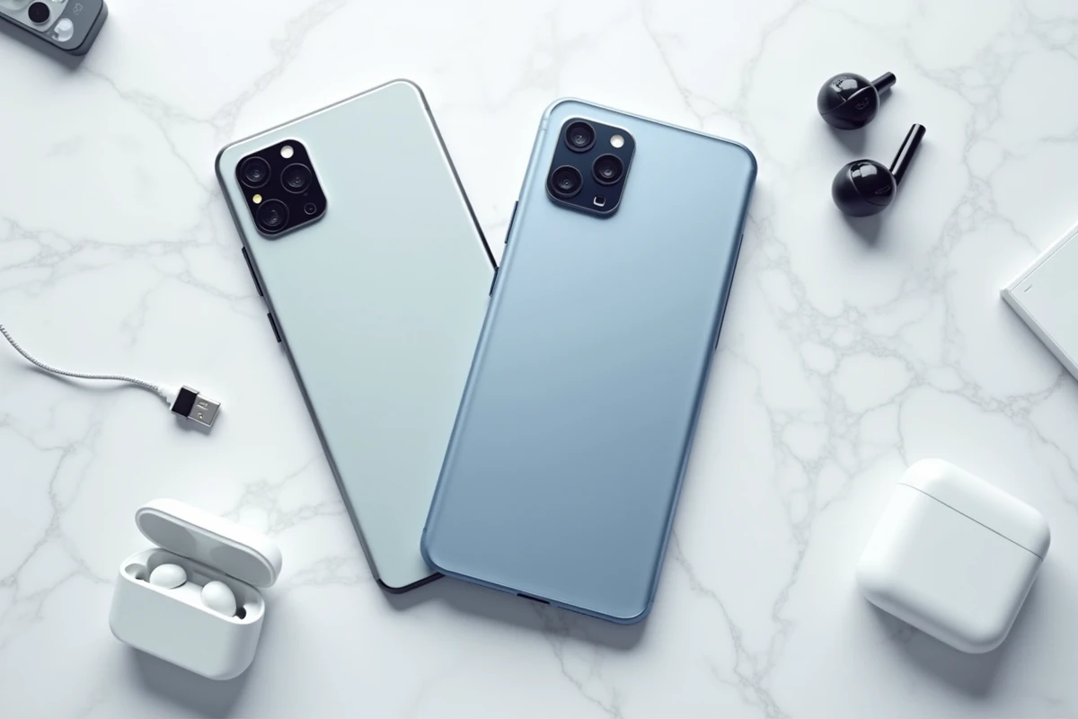 Vue de dessus de deux smartphones Samsung Galaxy dos à dos sur marbre blanc avec accessoires tech éparpillés pour comparaison