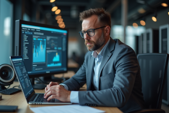 Homme IT en bureau analysant rapports de systemes