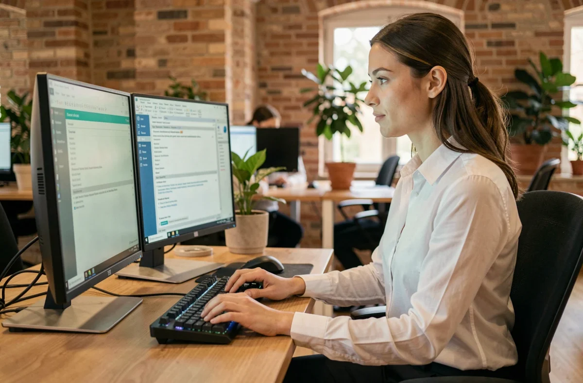 Spécialiste en support informatique travaillant sur un diagnostic système dans un bureau moderne en Occitanie