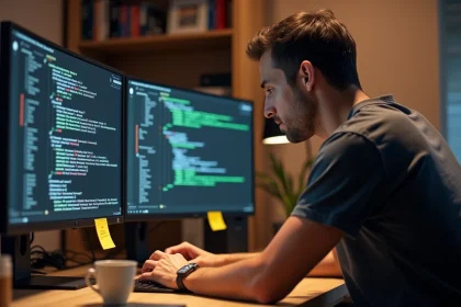 Homme utilisant un ordinateur de bureau avec des logs système et messages d'erreur OS affichés sur deux écrans, dans un bureau à domicile