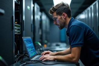 Technicien informatique diagnostiquant un conflit d'adresses IP sur un réseau local dans une salle serveur