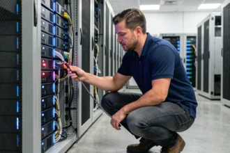 Technicien informatique professionnel inspectant un serveur dans une salle de datacenter en Occitanie