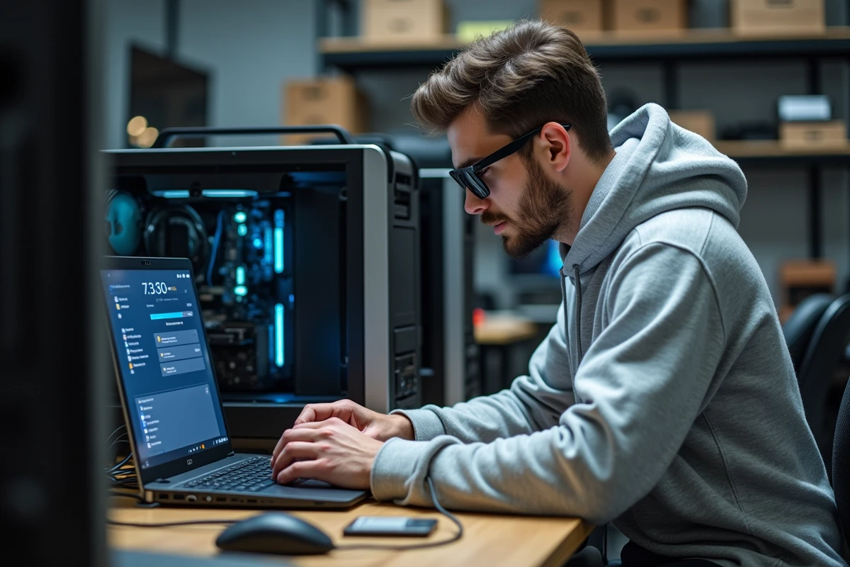 Technicien informatique réparant un ordinateur de bureau avec un outil de diagnostic USB dans un atelier de maintenance système