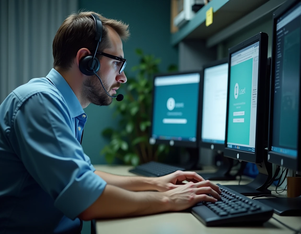 Technicien informatique résolvant une erreur d'accès au portail messagerie de l'APHP sur ordinateur de bureau