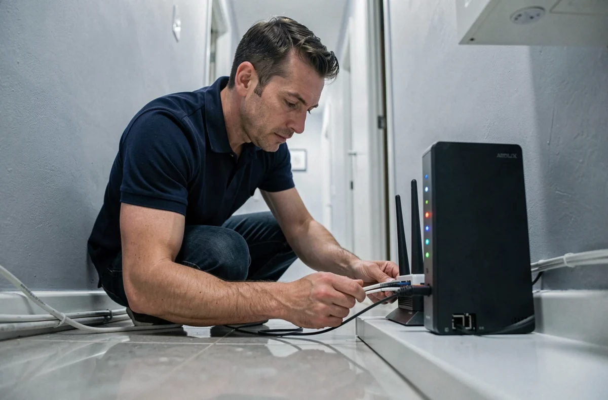 Technicien vérifiant les connexions d'un routeur Bouygues pour diagnostiquer une erreur réseau à domicile