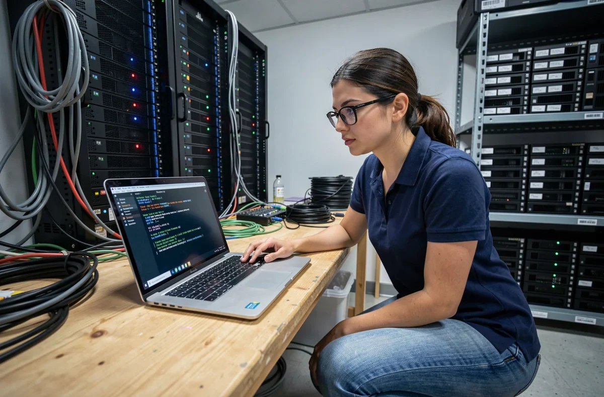Technicienne informatique réparant une installation Kali Linux en mode recovery dans une salle serveur