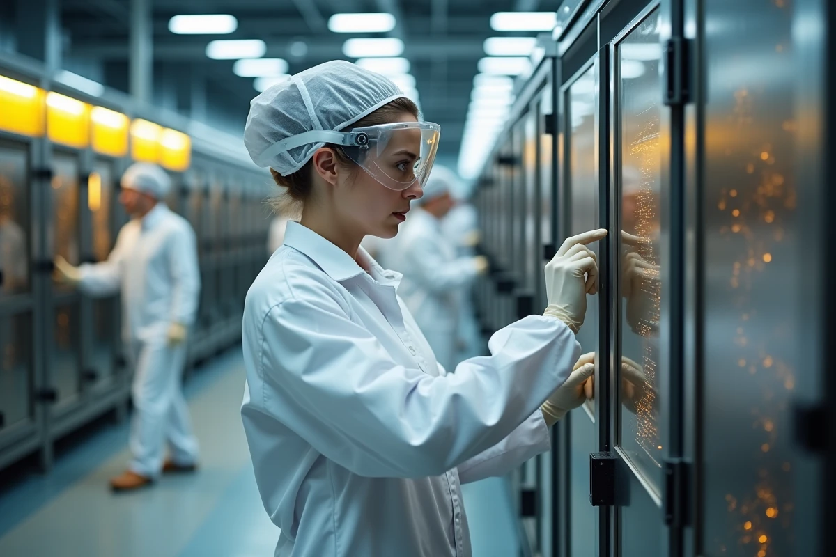 Technicienne en salle blanche opérant une machine de photolithographie dans une usine de fabrication de semi-conducteurs